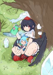 Rule 34 | 2girls, absurdres, bird wings, black hair, black wings, blue bow, blue dress, blue hair, blush, boots, bow, cirno, dress, fairy, feathered wings, food, hair bow, hat, highres, holding, holding food, ice, multiple girls, open mouth, parted lips, pointy ears, pom pom (clothes), popsicle, red eyes, red footwear, red headwear, shameimaru aya, shirt, short hair, short sleeves, sleeveless, sleeveless dress, tatutaniyuuto, tokin hat, touhou, white shirt, wings