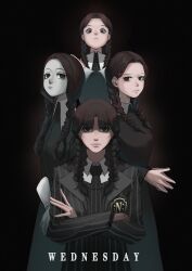 Rule 34 | 4girls, absurdres, addams family, animification, bags under eyes, black background, black dress, black jacket, black necktie, braid, breasts, brown hair, collared dress, crossed arms, dress, eyelashes, frown, hair over shoulder, hair rings, highres, jacket, long sleeves, looking at viewer, looking down, looking to the side, medium breasts, multiple girls, multiple persona, necktie, nevermore academy school uniform, own hands together, pale skin, school uniform, simple background, steepled fingers, straight-on, striped clothes, striped jacket, twin braids, twintails, wednesday (netflix), wednesday addams, xiaokoup