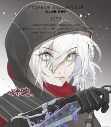 Rule 34 | 1girl, animification, apex legends, black gloves, black jacket, electricity, english text, frown, gloves, gradient background, grey eyes, hair between eyes, holding, holding knife, hood, hood up, hooded jacket, jacket, knife, kunai, official alternate costume, portrait, red scarf, rift stalker wraith, sanshimar, scarf, solo, v-shaped eyebrows, weapon, white hair, wraith&#039;s kunai, wraith (apex legends)