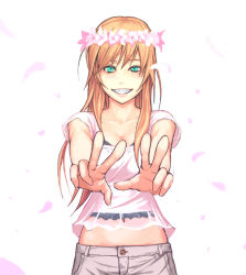 Rule 34 | 1girl, aqua eyes, bad id, bad pixiv id, blouse, cherry blossoms, flower, foreshortening, grin, hair ornament, head wreath, long hair, midriff, mustard seeds, navel, orange hair, original, outstretched arms, outstretched hand, petals, see-through, shirt, simple background, smile, solo, teeth, v, yuuji (and)