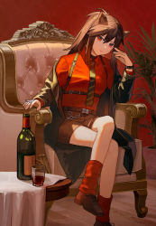 Rule 34 | 1girl, absurdres, animal ears, arknights, armchair, black hair, black jacket, black shorts, bottle, brown footwear, chair, crossed legs, cup, suit jacket, dress shirt, drinking glass, ear piercing, green necktie, hair between eyes, highres, indoors, jacket, long sleeves, necktie, off shoulder, official alternate costume, open clothes, open jacket, piercing, plant, ponytail, potted plant, red background, red eyes, red shirt, red socks, shikisimayu, shirt, shoes, shorts, sidelocks, simple background, socks, solo, texas (arknights), texas (willpower) (arknights), watch, wine bottle, wine glass, wolf ears, wolf girl, wooden floor, wristwatch