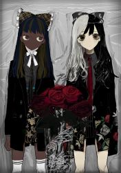 Rule 34 | black hair, black jacket, blonde hair, blue hair, bouquet, bow, brown eyes, closed mouth, collared shirt, dark-skinned female, dark skin, flower, grey shirt, hair bow, highres, jacket, looking at viewer, multicolored hair, narue, neck ribbon, necktie, red flower, red necktie, red rose, ribbon, rose, shirt, striped clothes, striped shirt, thighhighs, two-tone hair, white hair, white legwear, white ribbon, wing collar, yellow eyes
