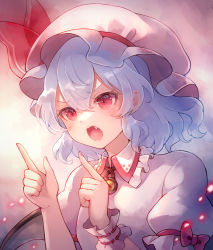 Rule 34 | 1girl, 60mai, bat wings, blue hair, brooch, dress, fang, hair between eyes, hat, index fingers raised, jewelry, mob cap, open mouth, pink dress, pink hat, puffy short sleeves, puffy sleeves, red eyes, remilia scarlet, short hair, short sleeves, solo, touhou, upper body, wings