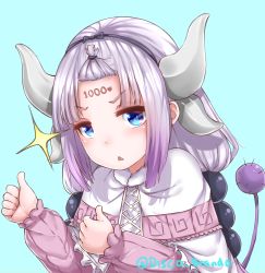 Rule 34 | 10s, 1girl, alternate hairstyle, aqua background, bangs pinned back, beads, blue eyes, blush, capelet, commentary, cross-laced clothes, disco brando, double thumbs up, dragon girl, drawing on another&#039;s face, milestone celebration, forehead, hair beads, hair ornament, hairband, heart, horns, kanna kamui, kobayashi-san chi no maidragon, long hair, long sleeves, low twintails, signature, simple background, solo, sparkle, tail, thumbs up, triangle mouth, twintails, twitter username, upper body, white hair