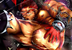 Rule 34 | 1boy, akashi (live a hero), ass, bara, bodysuit, breath, broken eyewear, censored, chain, chained, doro rich, facial hair, gloves, goatee, live a hero, long sideburns, looking at viewer, male focus, mosaic censoring, muscular, muscular male, pectorals, penis, red eyes, red hair, scar, scar on face, scar on nose, short hair, sideburns, solo, sweat, thick eyebrows, torn bodysuit, torn clothes