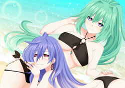 Rule 34 | 2girls, ahoge, ass, ass grab, bikini, blonde hair, blue eyes, blue hair, breasts, cleavage, earrings, grabbing another&#039;s ass, green heart (neptunia), iris heart, jewelry, kagura ittou, kami jigen game neptune v, large breasts, looking at viewer, lying, multiple girls, neptune (series), power symbol, power symbol-shaped pupils, purple hair, red eyes, sidelocks, smile, swimsuit, symbol-shaped pupils