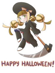 Rule 34 | 1girl, beret, blonde hair, braid, brown hair, call (mighty no. 9), call i, full body, green eyes, happy halloween, hat, highres, long hair, md5 mismatch, mighty no. 9, multicolored hair, sabasse, scythe, smile, solo, transparent background, twin braids, two-tone hair, weapon