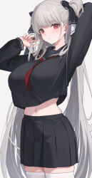 Rule 34 | 1girl, azur lane, black sailor collar, black serafuku, black skirt, breasts, commentary, formidable (azur lane), formidable (the lover&#039;s heart flutters on duty) (azur lane), grey hair, hair ribbon, highres, large breasts, long hair, looking at viewer, navel, official alternate costume, plump, red eyes, ribbon, sailor collar, school uniform, serafuku, simple background, skirt, stomach, thighhighs, very long hair, white thighhighs, whitem (whiteemperor2020)
