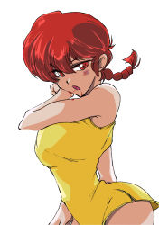 Rule 34 | 1girl, absurdres, blood, blood from mouth, braid, breasts, bruise, china dress, chinese clothes, dress, female focus, genderswap, genderswap (mtf), highres, hiroki nagase, injury, matching hair/eyes, medium breasts, ranma-chan, ranma 1/2, red eyes, red hair, saotome ranma, short braid, short dress, short hair, single braid, sleeveless, sleeveless dress, solo, white background, wiping face, yellow dress