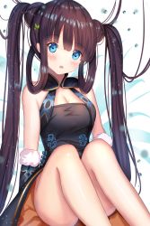 Rule 34 | 1girl, ame sagari, bare shoulders, black dress, black hair, blue eyes, blush, breasts, cleavage, commentary request, double bun, dress, fate/grand order, fate (series), feet out of frame, fur trim, hair bun, hair ornament, head tilt, highres, knees up, long hair, looking at viewer, medium breasts, open mouth, sidelocks, sitting, sleeveless, sleeveless dress, solo, twintails, very long hair, yang guifei (fate), yang guifei (first ascension) (fate), yang guifei (second ascension) (fate)