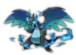 Rule 34 | animal focus, blue fire, blue wings, breath weapon, breathing fire, charizard, claws, creatures (company), dragon, fangs, fire, full body, game freak, gen 1 pokemon, hands up, legs apart, mega charizard x, mega pokemon, nintendo, no humans, open mouth, pokemon, pokemon (creature), red eyes, shira (sirairo116), simple background, solo, standing, transparent background, wings
