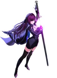 Rule 34 | 1girl, absurdres, black thighhighs, breasts, cape, cleavage, counter:side, full body, glowing, glowing weapon, highres, holding, holding weapon, jewelry, lambda (counter:side), long hair, looking at viewer, medium breasts, necklace, official art, purple eyes, purple hair, sheath, skirt, solo, sword, tachi-e, thighhighs, transparent background, unsheathing, weapon