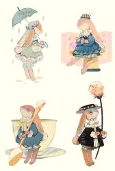 Rule 34 | animal, animal focus, barefoot, black headwear, book, bow, closed eyes, closed mouth, clothed animal, cup, flower, frilled shirt collar, frills, from side, gold cutlery, gold spoon, green bow, green ribbon, hat, hat ribbon, holding, holding flower, holding spoon, holding umbrella, mini person, minigirl, neck ribbon, no humans, original, purple eyes, rabbit, ribbon, saucer, spoon, standing, teacup, tono (rt0no), umbrella