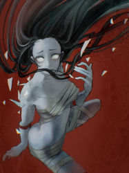 Rule 34 | 1girl, arm behind back, bandaged leg, bandages, black hair, budget sarashi, collarbone, colored skin, dead by daylight, disembodied hand, floating hair, gradient background, grey eyes, grey hair, grey skin, hand up, highres, light particles, looking at viewer, multicolored hair, red background, sarashi, straw like, the spirit (dead by daylight), two-tone hair