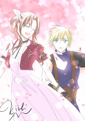 Rule 34 | 1boy, 1girl, aerith gainsborough, armor, bangle, belt, black gloves, blonde hair, blue eyes, blue pants, blue shirt, bracelet, brown belt, brown hair, cherry blossoms, choker, closed eyes, cloud strife, couple, cropped jacket, dress, final fantasy, final fantasy vii, final fantasy vii rebirth, final fantasy vii remake, flower choker, gloves, hair between eyes, hair ribbon, hetero, highres, holding hands, jacket, jewelry, kiiti kagamiike, long dress, long hair, looking at another, open mouth, pants, parted bangs, pink dress, pink ribbon, ponytail, red jacket, ribbon, shirt, short hair, short sleeves, shoulder armor, sidelocks, signature, single bare shoulder, single shoulder pad, sleeveless, sleeveless turtleneck, smile, spiked hair, suspenders, turtleneck, upper body