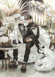 Rule 34 | 2boys, absurdres, black hair, black jacket, black pants, blue eyes, boots, candle, cat, chair, closed mouth, commentary request, flower, frown, full body, highres, jacket, long sleeves, looking at viewer, male focus, mege (megechan), multiple boys, on chair, open mouth, orange eyes, original, pants, plaid, plaid shirt, shirt, short hair, sitting, sitting on lap, sitting on person, smile, suit jacket, table, tile floor, tiles, vase, white flower, white footwear, white hair, white jacket, yaoi