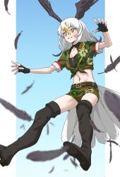 Rule 34 | 1girl, absurdres, bald eagle (kemono friends), bare arms, belt, bird girl, bird tail, bird wings, black belt, black footwear, black gloves, black wings, blonde hair, blue background, boots, camouflage, camouflage shirt, camouflage shorts, commentary, feathers, fingerless gloves, gloves, gradient background, gradient hair, grey hair, hair between eyes, head wings, highres, japari symbol print, kemono friends, long hair, midriff, multicolored hair, navel, parted lips, print shirt, print shorts, shirt, short shorts, short sleeves, shorts, simple background, smile, solo, tail, tanabe (fueisei), thigh boots, tied shirt, white hair, wings, yellow eyes