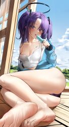 Rule 34 | 1girl, absurdres, alternate costume, ass, black panties, blue archive, breasts, camisole, collarbone, crop top, feet, food, food on body, halo, highres, holding, holding food, holding popsicle, jacket, legs, looking at viewer, melting, panties, popsicle, purple eyes, purple hair, single bare shoulder, sitting, small breasts, soles, solo, strap slip, toes, tongue, track jacket, two side up, underwear, white camisole, wooden floor, yerim, yuuka (blue archive)