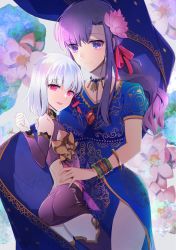 Rule 34 | 2girls, bracelet, detached sleeves, dual persona, fate/grand order, fate (series), flower, hair flower, hair ornament, hair ribbon, highres, indian clothes, jewelry, kama (fate), kama (first ascension) (fate), lotus, matou sakura, multiple girls, necklace, pantyhose, parvati (fate), purple eyes, red eyes, ribbon, shawl, short hair, thighhighs, white hair, ycco (estrella)