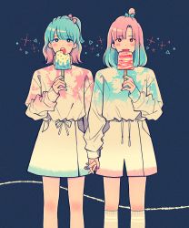 Rule 34 | 2girls, blouse, blue background, blue bow, blue eyes, blue hair, blue nails, blue shirt, blush, bow, braid, circle, commentary request, cross, crown braid, drawstring, eating, feet out of frame, food, gradient hair, hair bow, hand up, highres, holding hands, ikkaf sk, interlocked fingers, leg warmers, licking, long sleeves, looking at viewer, medium hair, multicolored hair, multiple girls, nail polish, noise, open mouth, original, pink bow, pink hair, pink nails, pink shirt, popsicle, red eyes, shirt, short ponytail, shorts, simple background, skirt, teeth, tongue, tongue out, topknot, triangle, upper teeth only, white shirt, white shorts, white skirt