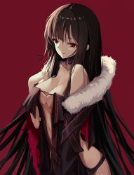 Rule 34 | 1girl, augu (523764197), bare shoulders, black collar, black dress, black hair, black jacket, breasts, center opening, cleavage, collar, dress, fate/grand order, fate (series), from side, fur-trimmed jacket, fur trim, jacket, long hair, long sleeves, medium breasts, parted lips, red background, red eyes, revealing clothes, solo, strapless, strapless dress, very long hair, yu mei-ren (fate)