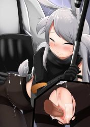 Rule 34 | 1boy, 1girl, animal ears, anus, arknights, rabbit ears, rabbit tail, clothed sex, cum, cum on body, closed eyes, grey hair, pantyhose, penis, pussy, savage (arknights), selvalanch, sex, sex from behind, tail, torn clothes, torn pantyhose