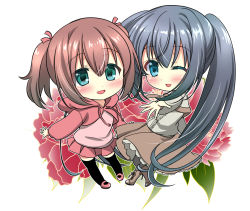 Rule 34 | 2girls, beige shirt, black hair, black legwear, blue eyes, blush, boots, brown hair, brown skirt, capelet, chibi, commentary request, floral background, flower request, green eyes, hair between eyes, hair ribbon, hood, hoodie, kayura yuka, layered skirt, long hair, long skirt, looking at viewer, multiple girls, one eye closed, open mouth, original, outstretched arms, pantyhose, pink shirt, pink skirt, plaid, plaid skirt, ribbon, shirt, short hair, side ponytail, sidelocks, simple background, skirt, smile, thighhighs, two side up, very long hair, white background