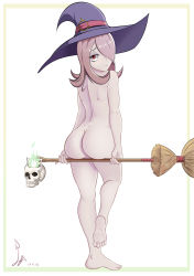 Rule 34 | 1girl, absurdres, ass, broom, feet, from behind, hair over one eye, hat, highres, laceysx, little witch academia, long hair, looking back, nude, red eyes, skull, soles, solo, sucy manbavaran, toes, white background, witch hat
