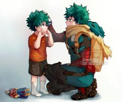 Rule 34 | 2boys, aged down, all might, backpack, bag, black footwear, bodysuit, boku no hero academia, boots, brown scarf, brown shorts, child, commentary, crying, doll, dual persona, english commentary, freckles, from side, full body, gradient background, green bodysuit, green eyes, green hair, grey background, hand on another&#039;s head, hood, hood down, hooded bodysuit, male focus, midoriya izuku, multiple boys, orange bag, rin (rinriemie), scarf, shorts, smile, socks, spoilers, squatting, standing, tears, torn clothes