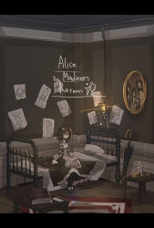 Rule 34 | 1girl, alice: madness returns, alice liddell (american mcgee&#039;s alice), american mcgee&#039;s alice, apron, bed, black hair, blanket, book, copyright name, dress, enothela, pantyhose, paper, picture frame, pillow, short hair, solo, striped, table