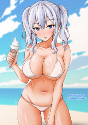 Rule 34 | 1girl, absurdres, beach, bikini, blue eyes, blue sky, breasts, cleavage, cloud, commentary request, cowboy shot, day, food, grey hair, highres, horizon, ice cream, ice cream cone, kamiya tadato, kantai collection, kashima (kancolle), large breasts, long hair, ocean, one-hour drawing challenge, outdoors, sidelocks, sky, soft serve, solo, swimsuit, twintails, wavy hair, white bikini