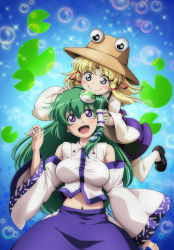 Rule 34 | 2girls, :d, blonde hair, blue eyes, blush stickers, breasts, brown headwear, closed mouth, commentary request, detached sleeves, frog hair ornament, green hair, hair ornament, hair tubes, hands on another&#039;s head, hat, kochiya sanae, large breasts, long hair, looking at another, lunamoon, midriff, moriya suwako, multiple girls, navel, open mouth, smile, snake hair ornament, thighhighs, touhou, white legwear, wide sleeves