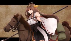 Rule 34 | 10s, 1girl, ahoge, arano oki, bare shoulders, brown hair, crossover, detached sleeves, double bun, fire emblem, hair ornament, hairband, headgear, horse, horseback riding, japanese clothes, kantai collection, kongou (kancolle), long hair, nontraditional miko, polearm, riding, skirt, solo, spear, thighhighs, weapon