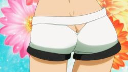 Rule 34 | 10s, 1girl, animated, animated gif, aquarion (series), aquarion evol, armpits, arms behind head, ass, ass cutout, ass shake, bishie sparkle, blue eyes, bouncing breasts, breasts, butt crack, cleavage, cleavage cutout, clothing cutout, crop top, cuffs, fang, flower, green hair, hair ribbon, large breasts, midriff, navel, non-web source, open mouth, ribbon, screencap, shorts, smile, solo, sparkle, zessica wong