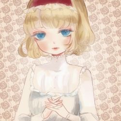 Rule 34 | 1girl, alice margatroid, alternate costume, bad id, bad pixiv id, blonde hair, blue eyes, dress, hairband, own hands clasped, own hands together, short hair, solo, touhou, yujup