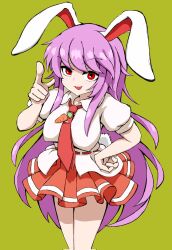 Rule 34 | 1girl, :d, animal ears, barikin tenshi, breasts, carrot pin, collared shirt, feet out of frame, hand on own hip, highres, index finger raised, large breasts, long hair, necktie, open mouth, pleated skirt, purple hair, rabbit ears, rabbit girl, rabbit tail, red eyes, red necktie, red skirt, reisen udongein inaba, shirt, short sleeves, sidelocks, simple background, skirt, smile, solo, standing, tail, touhou, white shirt, yellow background