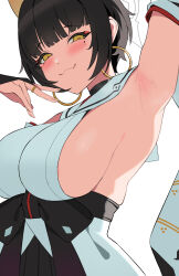 Rule 34 | 1girl, arm up, armpits, black hair, blue archive, blunt bangs, blush, breasts, bridal gauntlets, detached sleeves, earrings, fang, halo, highres, hoop earrings, japanese clothes, jewelry, kimono, large breasts, looking at viewer, mole, mole under eye, niya (blue archive), sideboob, sideless outfit, simple background, skin fang, solo, upper body, white background, white kimono, za yu a