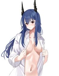 Rule 34 | 1girl, alternate hairstyle, arknights, blue hair, blush, breasts, ch&#039;en (arknights), closed mouth, collared shirt, dragon horns, hair down, highres, horns, lily0428, long hair, looking at viewer, medium breasts, naked shirt, navel, no bra, open clothes, open shirt, red eyes, shirt, simple background, solo, stomach, upper body, white background, white shirt