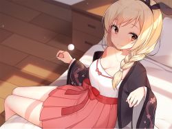 Rule 34 | 1girl, bare shoulders, blonde hair, blush, braid, breasts, brown eyes, cleavage, closed mouth, collarbone, commentary request, eyelashes, hair over shoulder, highres, holding, legs together, light blush, light particles, long hair, long sleeves, looking at viewer, looking to the side, medium breasts, mimikaki, original, sela (08180074), single bare shoulder, sitting, smile, solo, split mouth, swept bangs, wide sleeves, wooden floor