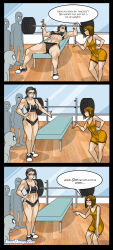 Rule 34 | 2girls, 3boys, abs, absurdres, antenna hair, arm support, artist name, ass, bare legs, bare shoulders, blue eyes, bob cut, breast press, breast rest, breasts, breasts on table, cleavage, cup, curvy, desk, english text, exercise, faceless, faceless male, grey hair, gym, gym shorts, gym uniform, hand on own hip, highres, holding, holding cup, jago dibuja, large breasts, lips, long hair, looking at another, low ponytail, mila (living with hipstergirl and gamergirl), mole, mole under mouth, multiple boys, multiple girls, muscular, muscular female, navel, open mouth, original, ponytail, shirt, shoes, short hair, short shorts, shorts, smug, sneakers, sports bikini, sports bra, thighs, weightlifting, weights, wide hips