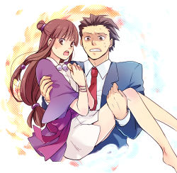 Rule 34 | 1boy, 1girl, ace attorney, barefoot, beads, blunt bangs, blush, bracelet, brown eyes, brown hair, capcom, carrying, clenched teeth, formal, hair beads, hair ornament, half updo, halftone, japanese clothes, jewelry, kimono, long hair, magatama, maya fey, necklace, necktie, open mouth, own hands together, phoenix wright, princess carry, ran (rantksn), sash, shaded face, short kimono, suit, surprised, sweatdrop, teeth, topknot, wide sleeves