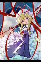 Rule 34 | 1girl, absurdres, bad id, bad twitter id, blonde hair, bow, dress, frilled dress, frills, hair bow, hat, hat ribbon, highres, juliet sleeves, letterboxed, long hair, long sleeves, looking at viewer, mob cap, open mouth, puffy sleeves, purple eyes, pyonsuke (pyon2 mfg), ribbon, smile, solo, tabard, touhou, white dress, yakumo yukari