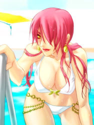 Rule 34 | 1girl, bent over, bikini, breasts, chain, cleavage, earrings, fatal fury, hair over eyes, hair over one eye, hanging breasts, jewelry, kabane (follabi), ladder, large breasts, lipstick, long hair, lowres, makeup, orange eyes, pink hair, pool, pool ladder, poolside, red hair, shermie (kof), snk, solo, swimsuit, the king of fighters, wet, wet hair, white bikini, yellow eyes