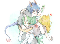 3girls, anger vein, animal ears, arknights, black shirt, blonde hair, blue hair, blush, brown dress, carrying over shoulder, ch&#039;en (arknights), dragon horns, dragon tail, dress, fang, green hair, horns, hoshiguma (arknights), long hair, looking at another, mishima coco, multiple girls, oni horns, open mouth, red eyes, shirt, single horn, socks, stuffed animal, stuffed cat, stuffed toy, swire (arknights), tail, thighhighs, tiger ears, tiger tail, white legwear, yellow eyes, younger