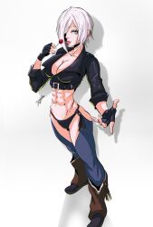Rule 34 | abs, angel (kof), blue eyes, boots, bra, breasts, candy, chaps, cowboy boots, cropped jacket, fingerless gloves, food, gloves, hair over one eye, highres, holding, holding candy, holding food, holding lollipop, jacket, large breasts, leather, leather jacket, lollipop, muscular, muscular female, snk, stomach, strapless, strapless bra, the king of fighters, the king of fighters xiv, toned, underwear, user fwjz4277