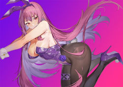 Rule 34 | 1girl, animal ears, blush, breasts, bridal garter, cleavage, fake animal ears, fate/grand order, fate (series), from side, high heels, large breasts, leotard, long hair, looking at viewer, miyazakisoul, official alternate costume, pantyhose, playboy bunny, pumps, purple footwear, purple hair, rabbit ears, red eyes, scathach (fate), scathach (piercing bunny) (fate), shoes, sidelocks, sleeve cuffs, solo, stiletto heels