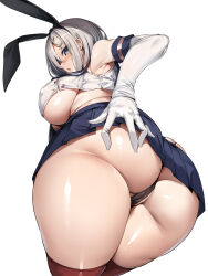 Rule 34 | 1girl, absurdres, ass, back, black panties, blue eyes, blue sailor collar, blue skirt, blush, breasts, cleft of venus, commentary request, cosplay, elbow gloves, gloves, grey hair, hamakaze (kancolle), highleg, highleg panties, highres, kantai collection, large breasts, looking at viewer, looking back, medium hair, panties, parted lips, partially visible vulva, pleated skirt, sailor collar, shimakaze (kancolle), shimakaze (kancolle) (cosplay), shirt, sideboob, simple background, skirt, solo, standing, striped clothes, striped thighhighs, thighhighs, thighs, torisan, twintails, underboob, underwear, white background, white gloves, white shirt
