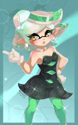 Rule 34 | + +, 1girl, absurdres, artist name, black dress, border, breasts, commentary, detached collar, dress, earrings, english commentary, food, food on head, gloves, gradient hair, green border, green hair, green pantyhose, grey hair, hand on own hip, highres, index finger raised, inkling, jewelry, looking at viewer, marie (splatoon), medium breasts, mole, mole under eye, multicolored hair, nin10ja, nintendo, object on head, open mouth, pantyhose, pointy ears, short dress, short hair, signature, solo, sparkle, splatoon (series), standing, strapless, strapless dress, swept bangs, tentacle hair, white gloves, yellow eyes
