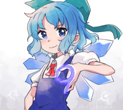Rule 34 | &gt;:), 1girl, artist name, blue eyes, blue hair, bow, cirno, hair bow, hand gesture, ice, ice wings, looking at viewer, mogamiya honu, neck ribbon, ribbon, short hair, solo, touhou, upper body, wings