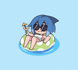 Rule 34 | 1girl, :3, afloat, animated, animated gif, armpits, azuumori, bare shoulders, bikini, blue background, blue hair, blush stickers, bob cut, breasts, chibi, closed mouth, commentary, cup, english commentary, full body, green innertube, hair between eyes, hand up, highres, holding, holding cup, mako (azuumori), medium breasts, medium hair, multicolored hair, original, polka dot innertube, simple background, solo, sunglasses, swimsuit, thick eyebrows, two-tone hair, water, white bikini